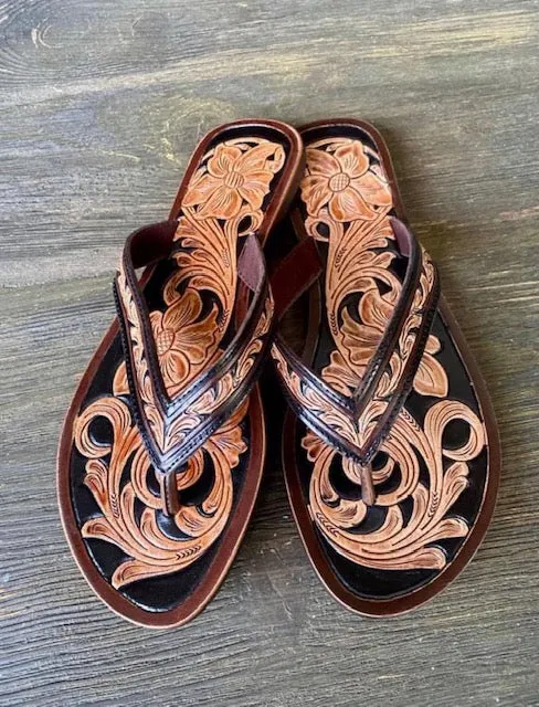 American Darling Leather Tooled Flip Flops