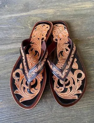 American Darling Leather Tooled Flip Flops