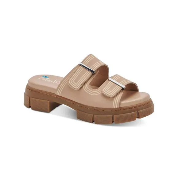 AQUA COLLEGE Womens Beige Hippie Round Toe Block Heel Slip On Slide Sandals 9 M