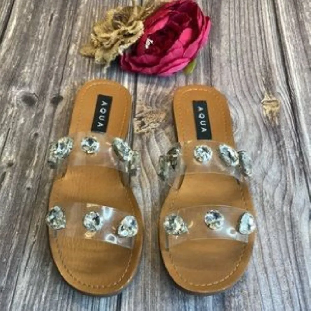 AQUA DAZE RHINESTONE EMBELLISHED SLIDE SANDALS  8.5M