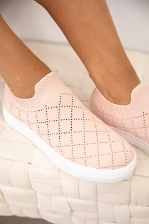Baby Pink Perforated Knit Slip On Sneakers