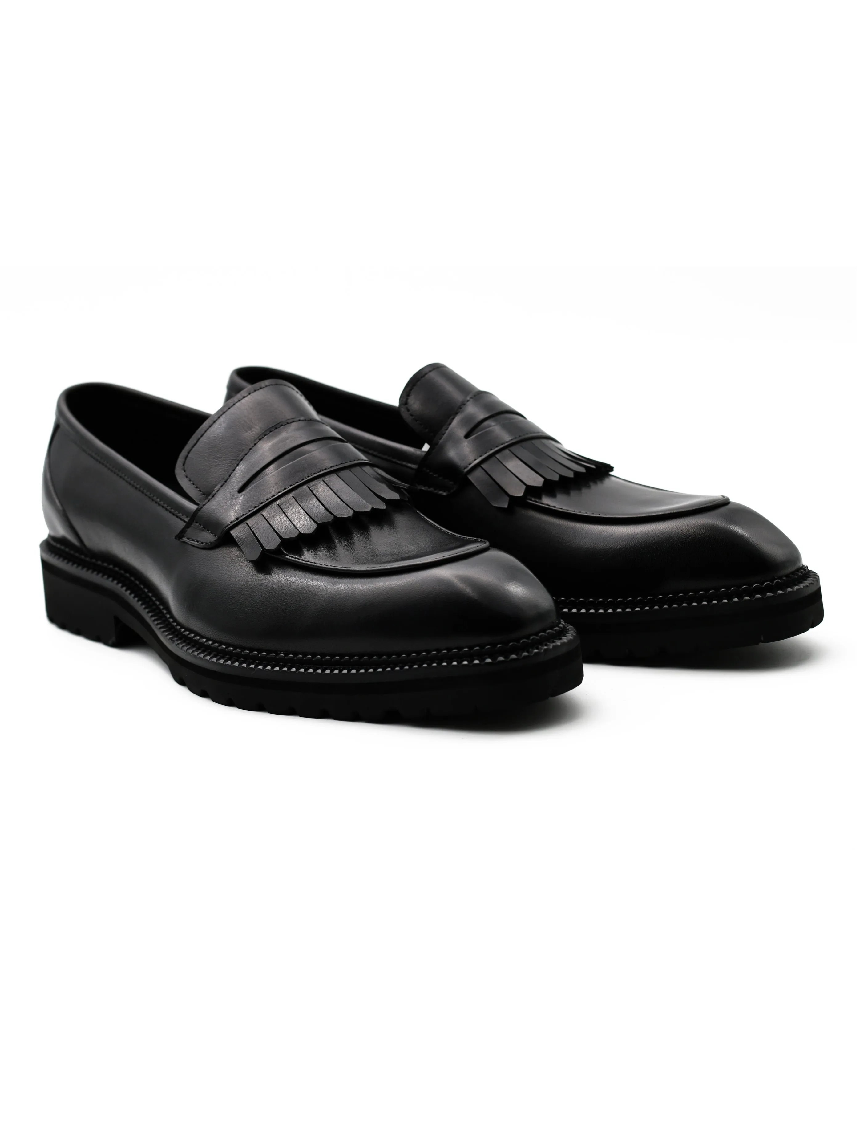 BLACK LEATHER PENNY LOAFERS WITH FRINGE