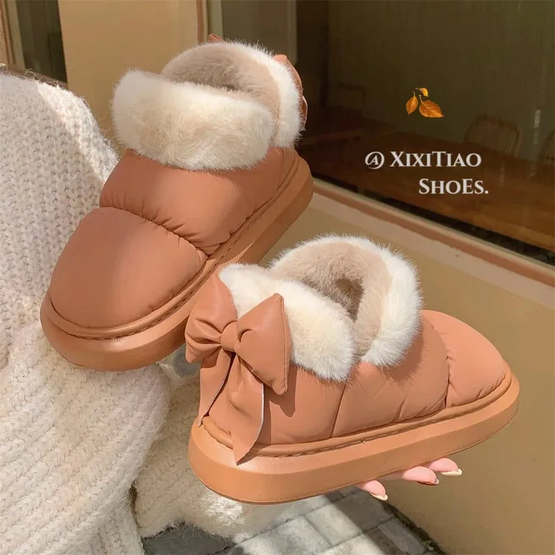 Bow Knot Short Ankle Snow Boots Women Winter Plush Waterproof PU Cotton Household Shoes Home Slipper Women