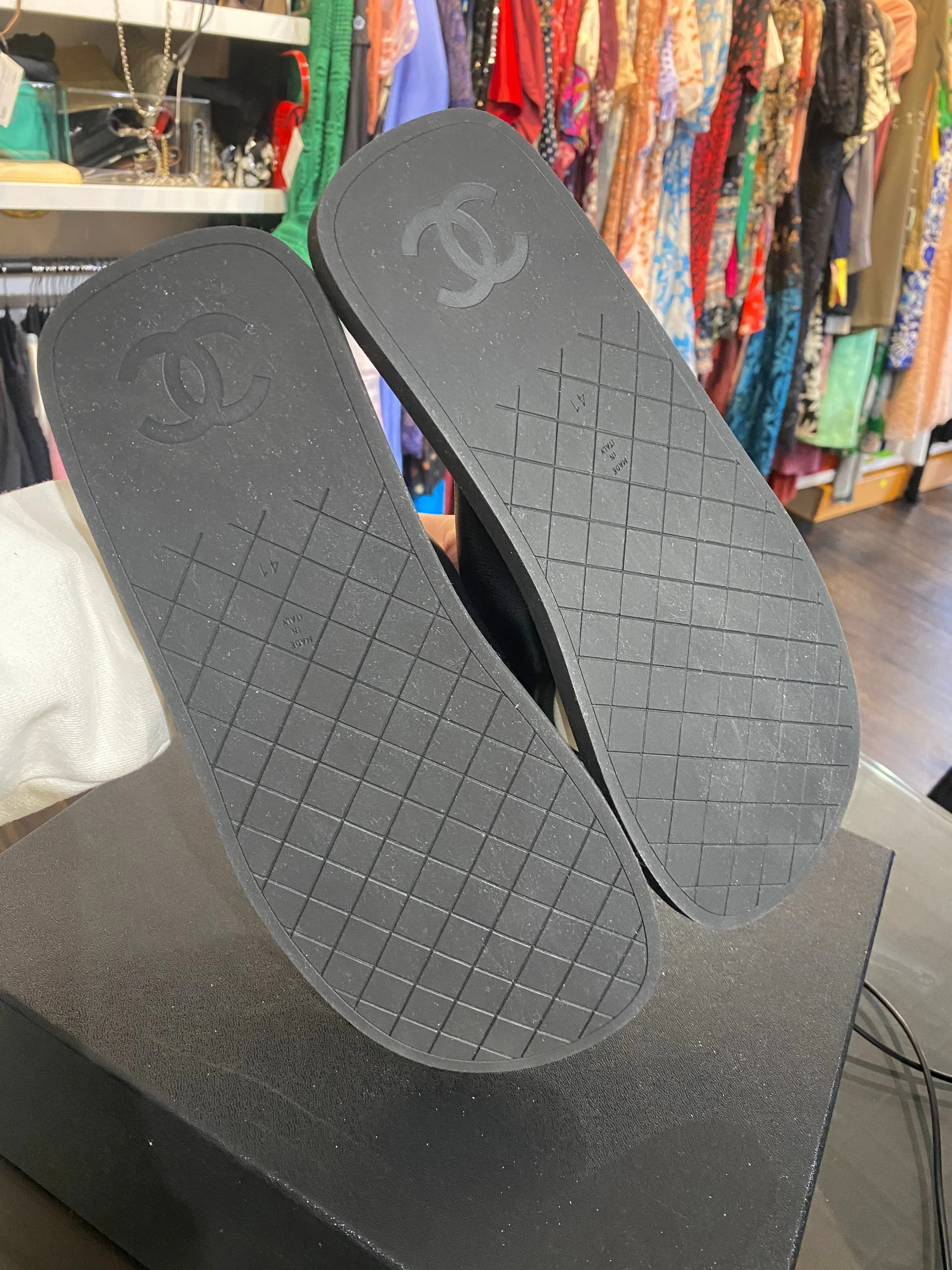 Chanel Leather Black and White Puff Flip Flop