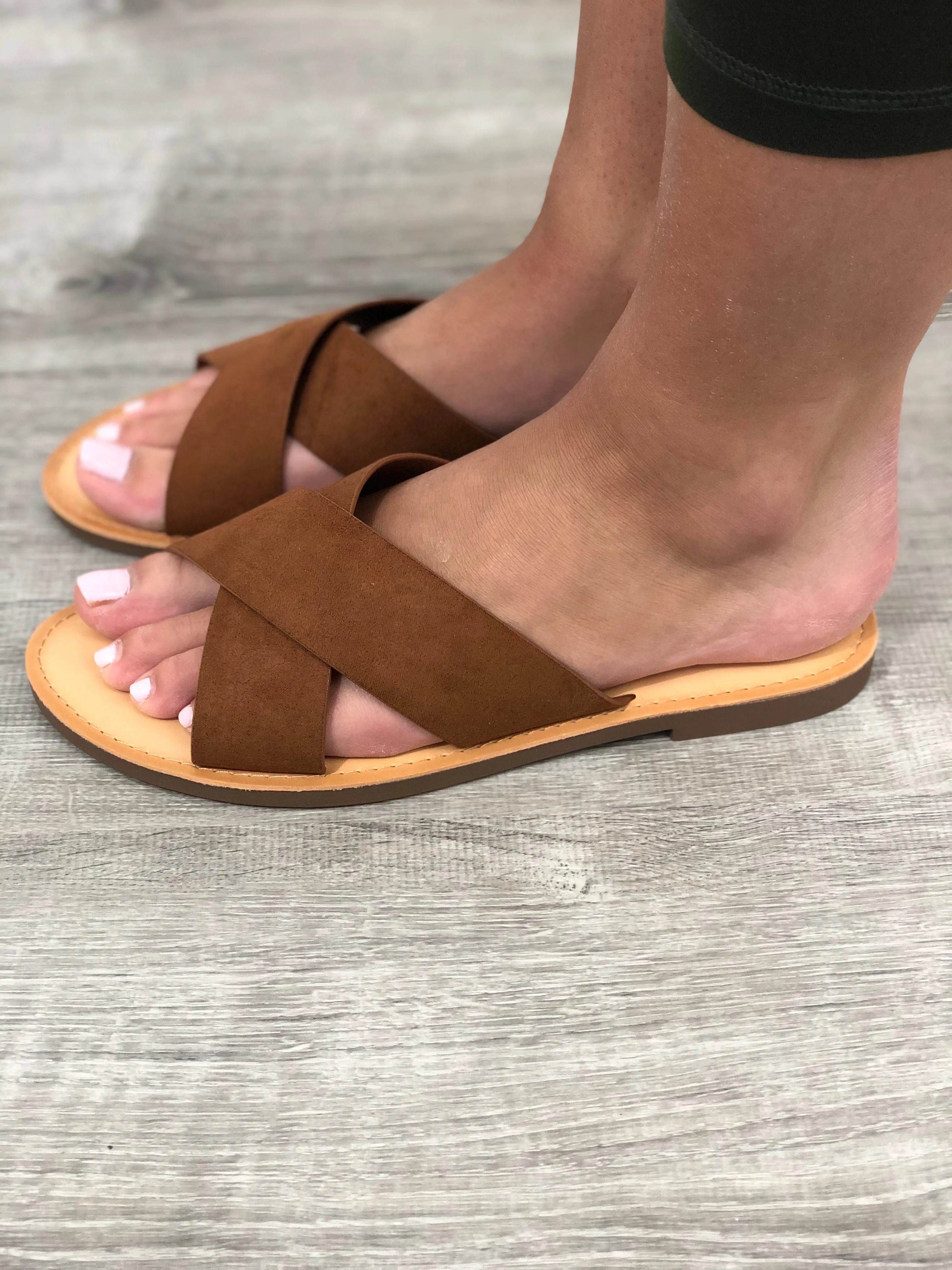Crisscross Slide On Sandal Cognac