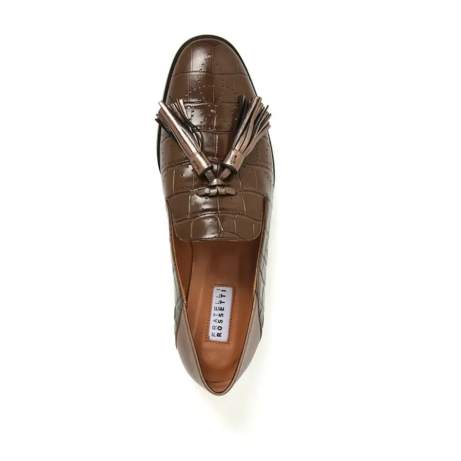 Elegant Mocha Croc Tassel Loafers