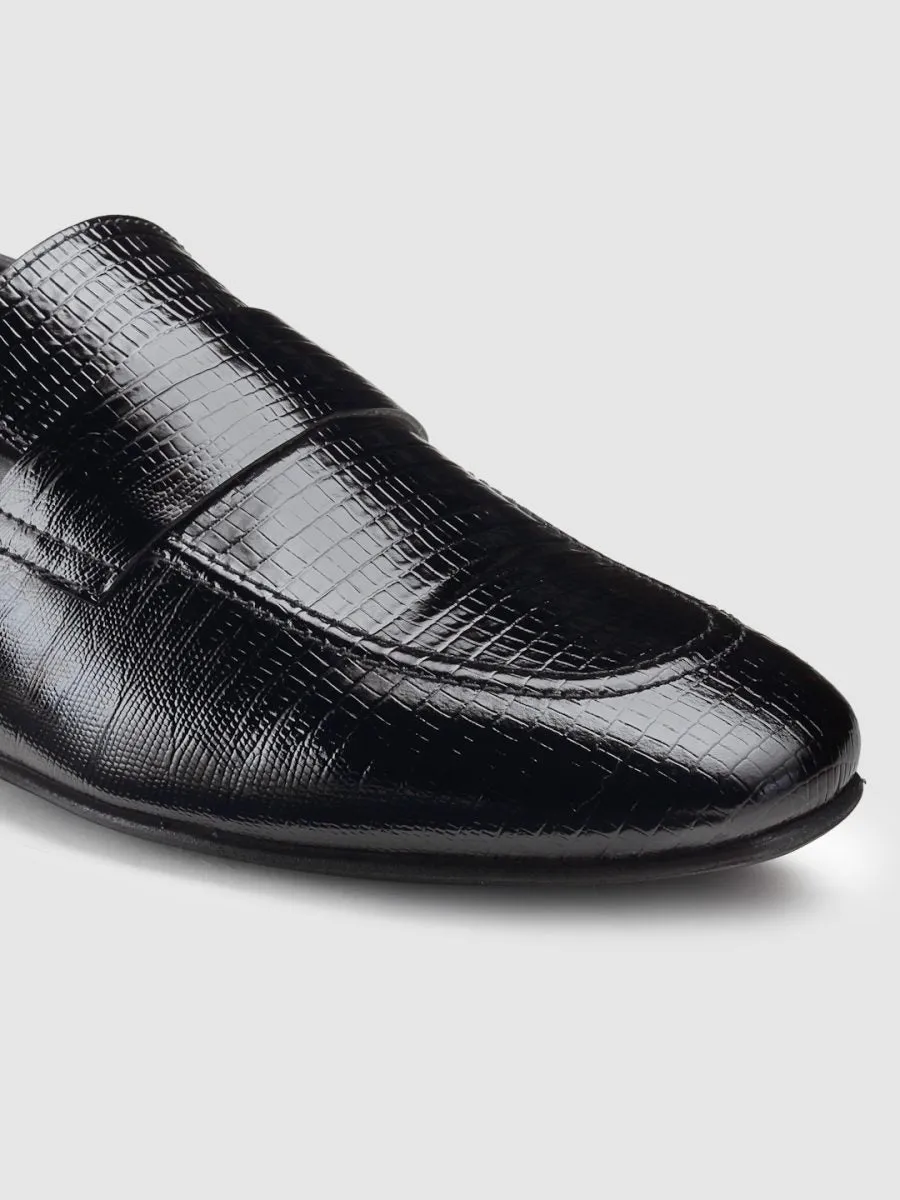 Embossed Genuine Leather Black Loafers