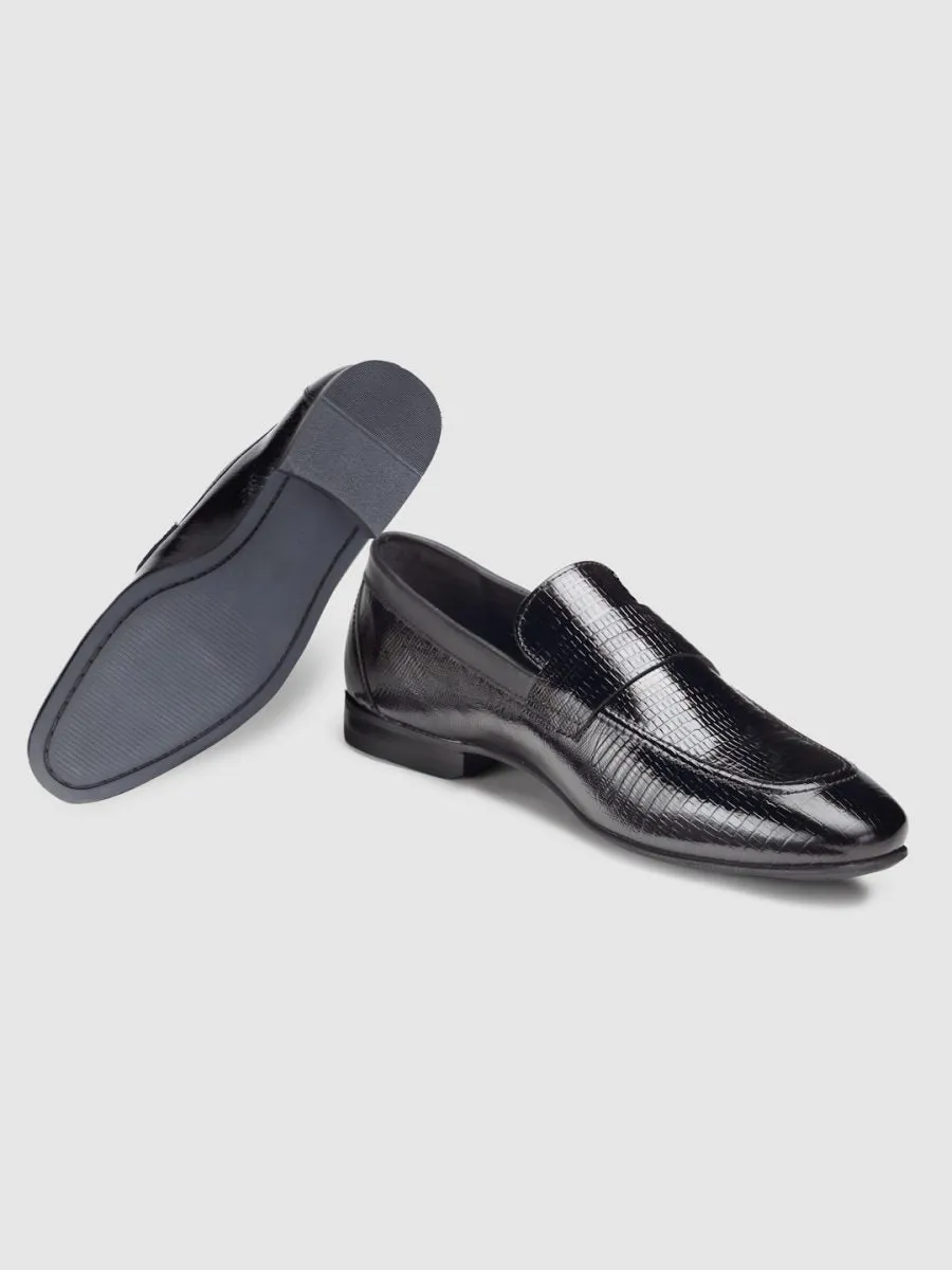 Embossed Genuine Leather Black Loafers