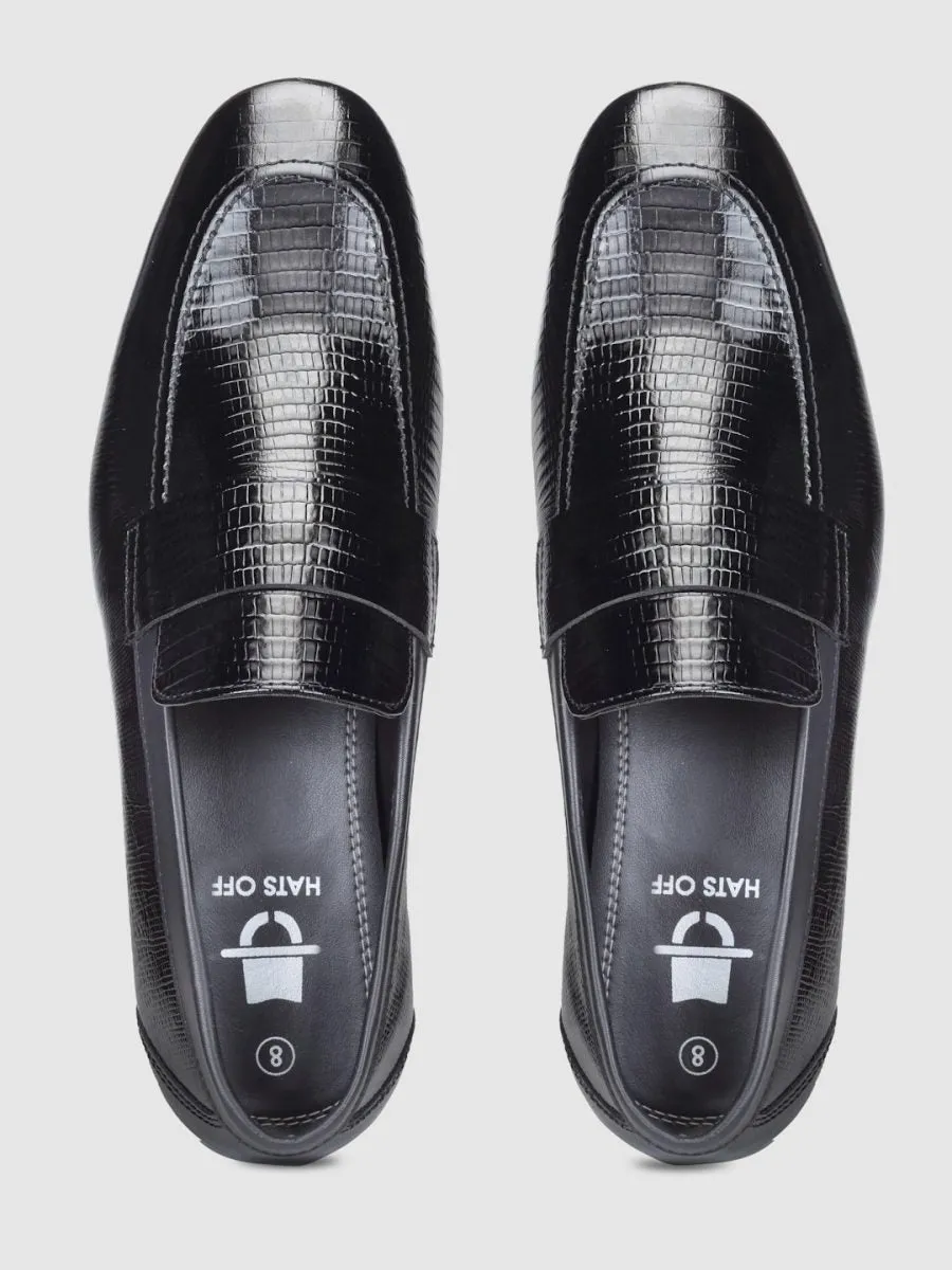 Embossed Genuine Leather Black Loafers