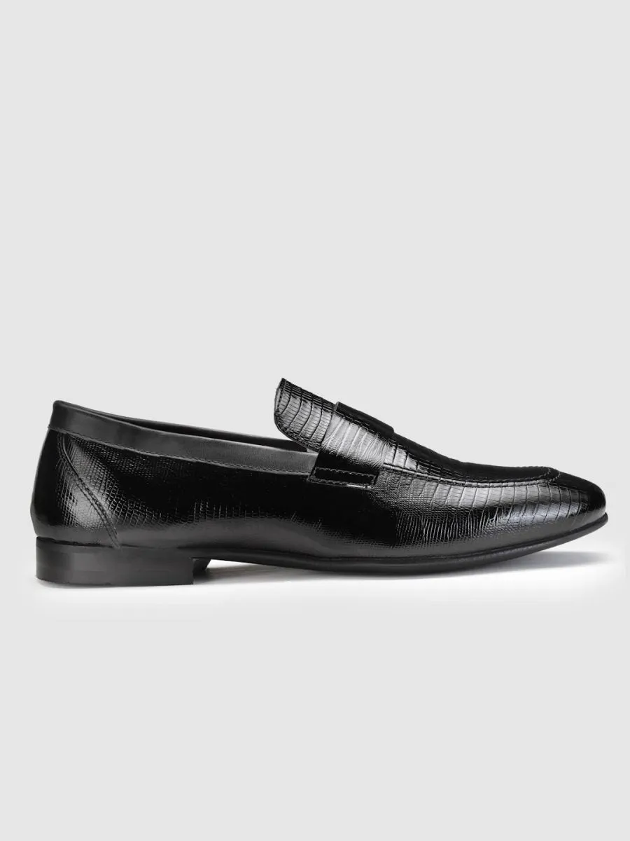 Embossed Genuine Leather Black Loafers