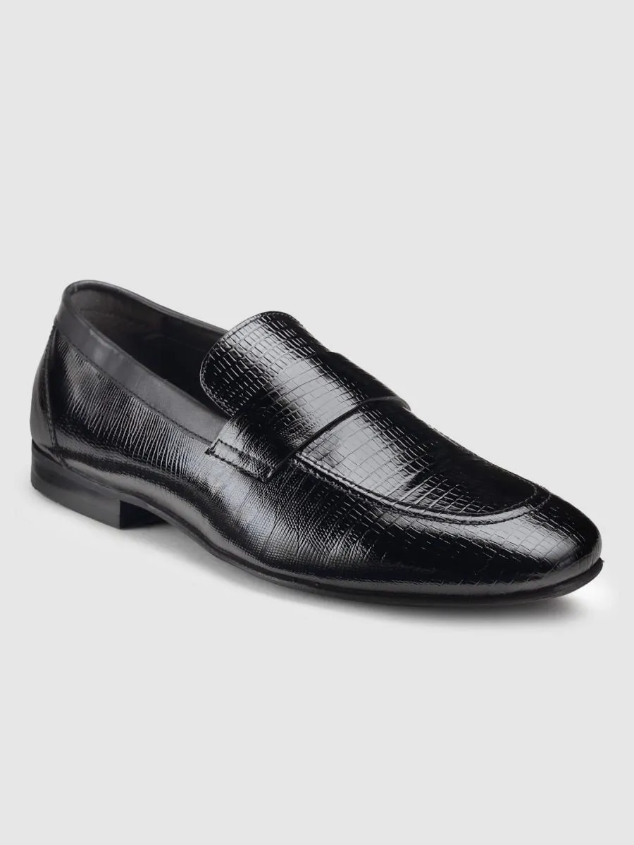 Embossed Genuine Leather Black Loafers