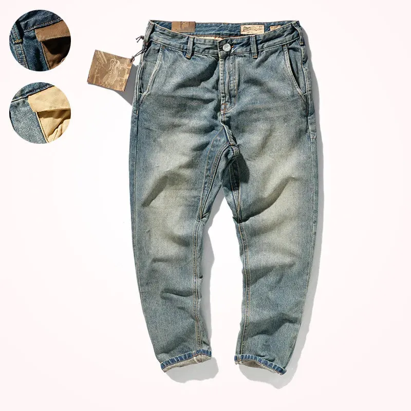 Four Season Heavyweight Denim Jeans - Men's Fashion Pure Cotton Washed Old Casual Tapered Straight Pencil Pants