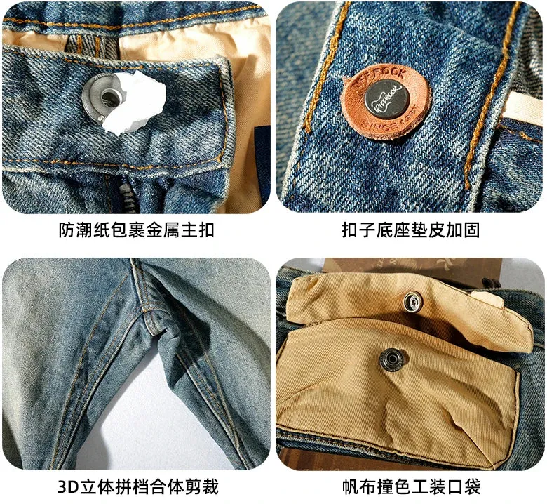 Four Season Heavyweight Denim Jeans - Men's Fashion Pure Cotton Washed Old Casual Tapered Straight Pencil Pants