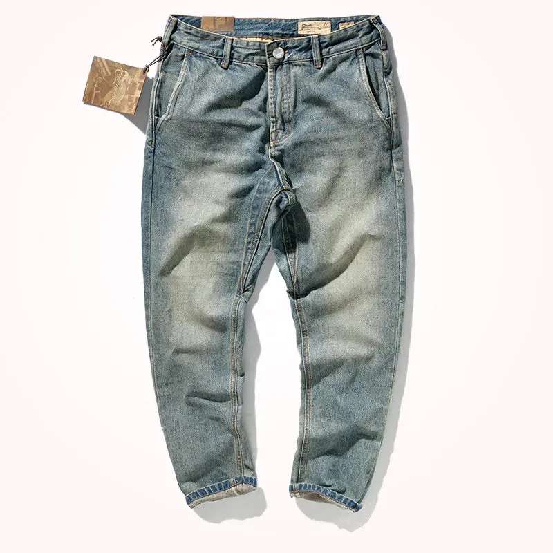 Four Season Heavyweight Denim Jeans - Men's Fashion Pure Cotton Washed Old Casual Tapered Straight Pencil Pants