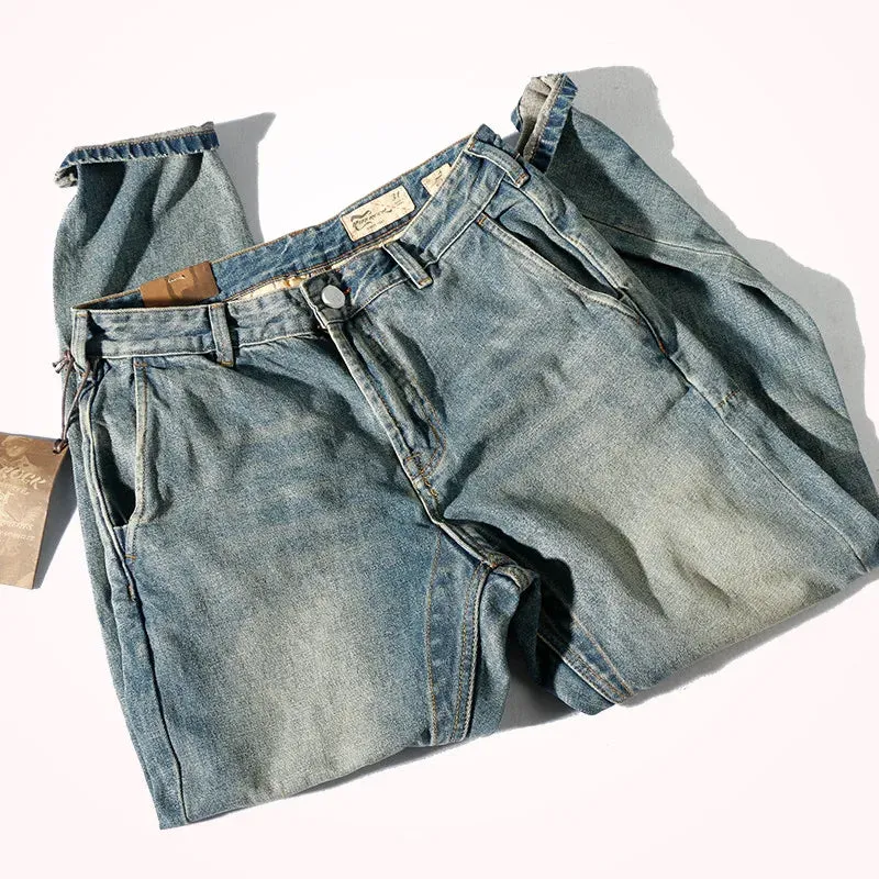 Four Season Heavyweight Denim Jeans - Men's Fashion Pure Cotton Washed Old Casual Tapered Straight Pencil Pants