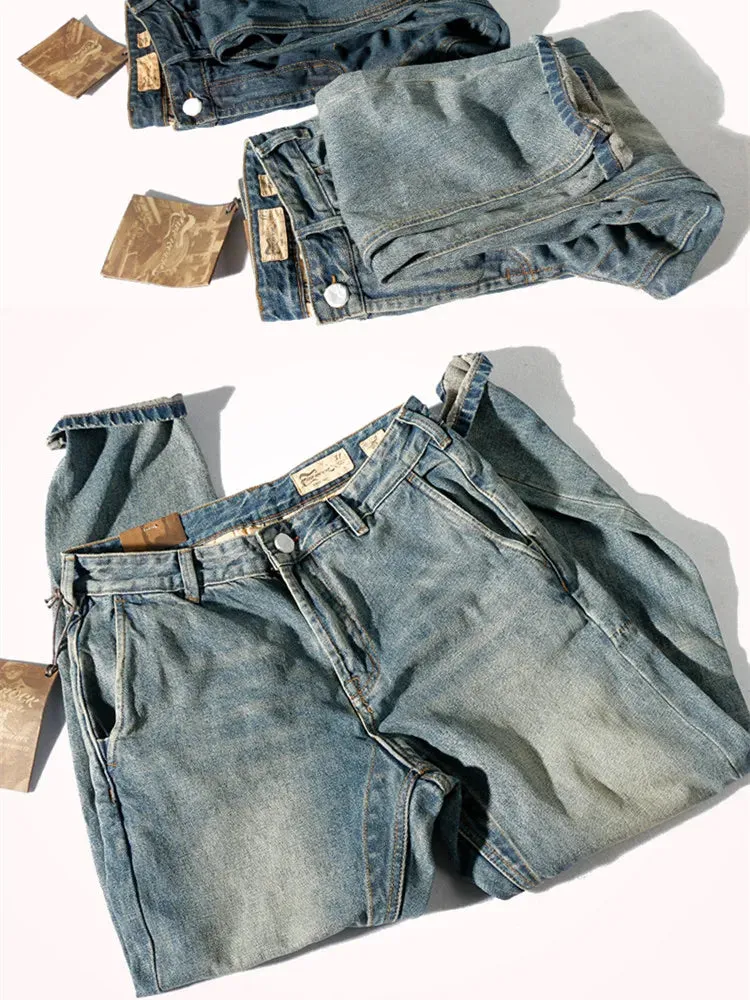 Four Season Heavyweight Denim Jeans - Men's Fashion Pure Cotton Washed Old Casual Tapered Straight Pencil Pants