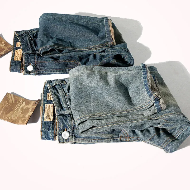 Four Season Heavyweight Denim Jeans - Men's Fashion Pure Cotton Washed Old Casual Tapered Straight Pencil Pants