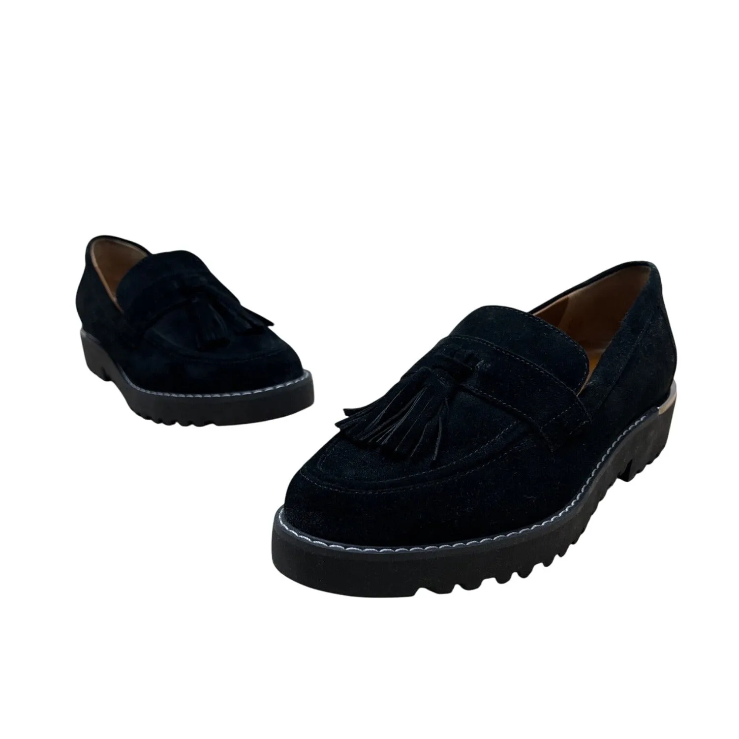 Franco Sarto Black Suede With Tassels & Stacked Sole Womens Loafers Size 7.5M