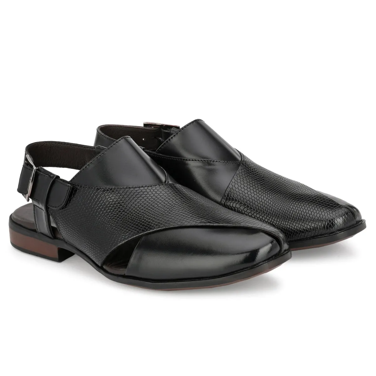 Frezan Black Leather Peshawari Sandals