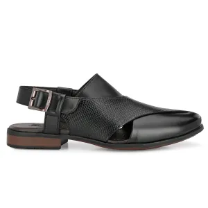 Frezan Black Leather Peshawari Sandals