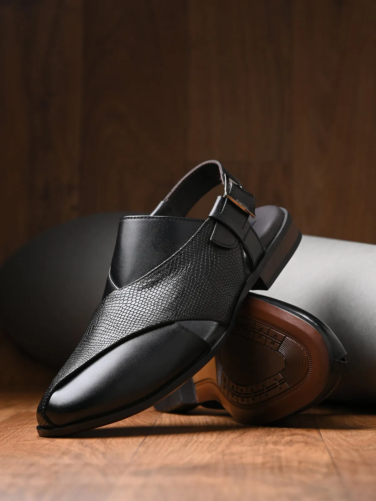Frezan Black Leather Peshawari Sandals