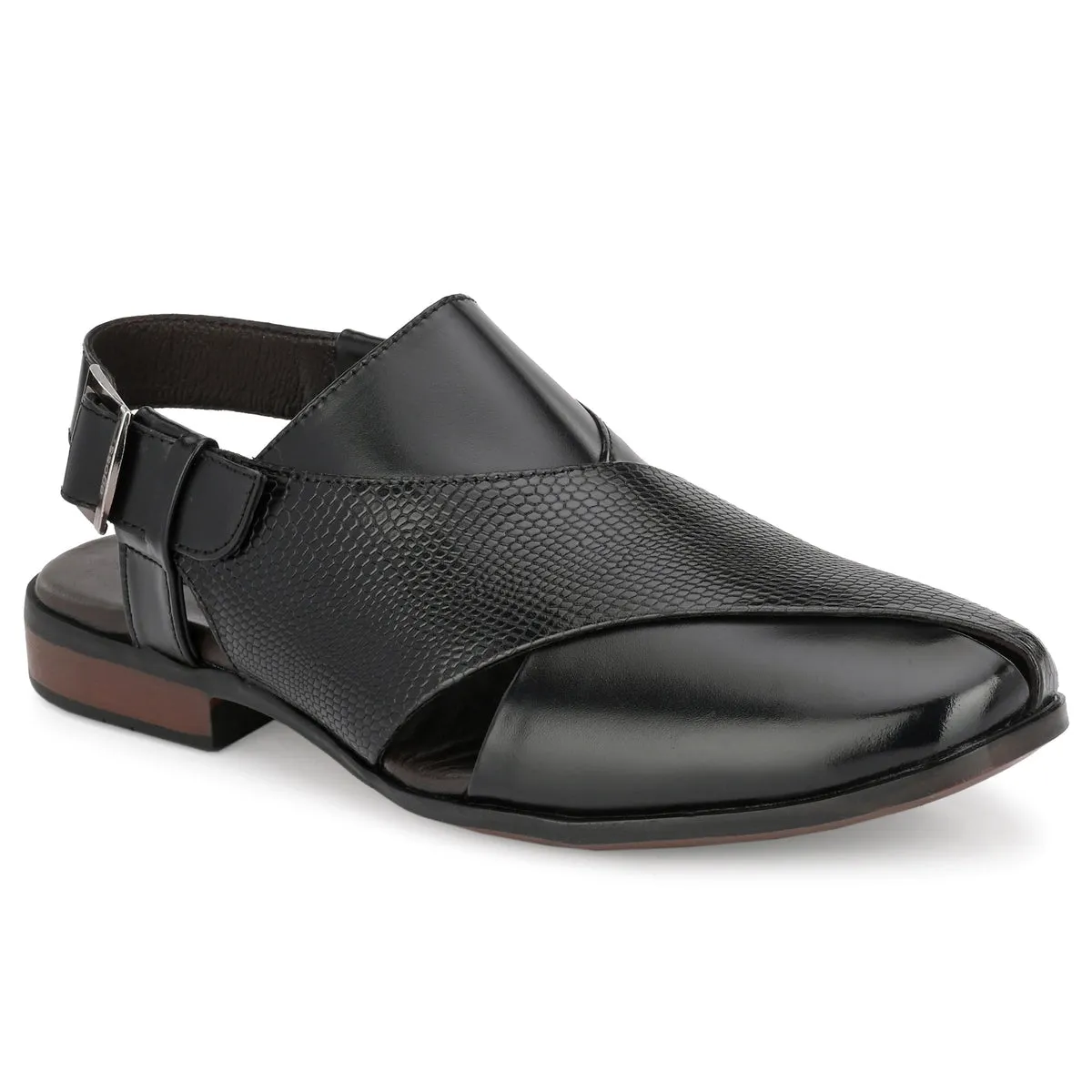Frezan Black Leather Peshawari Sandals