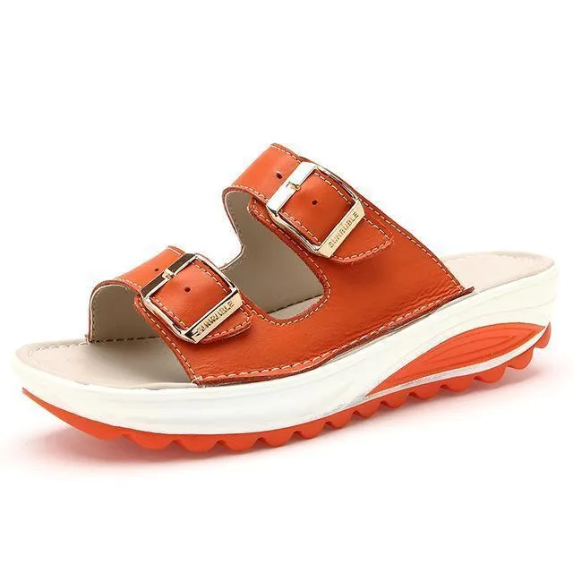 Genuine Leather Casual Buckle Clogs