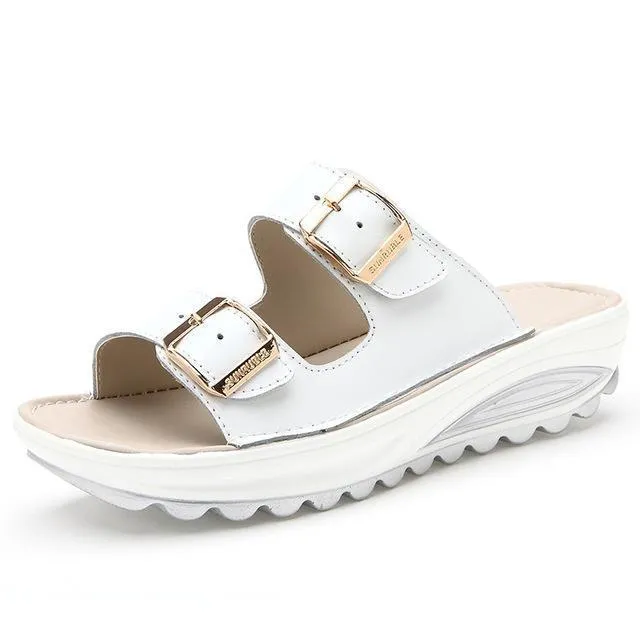 Genuine Leather Casual Buckle Clogs