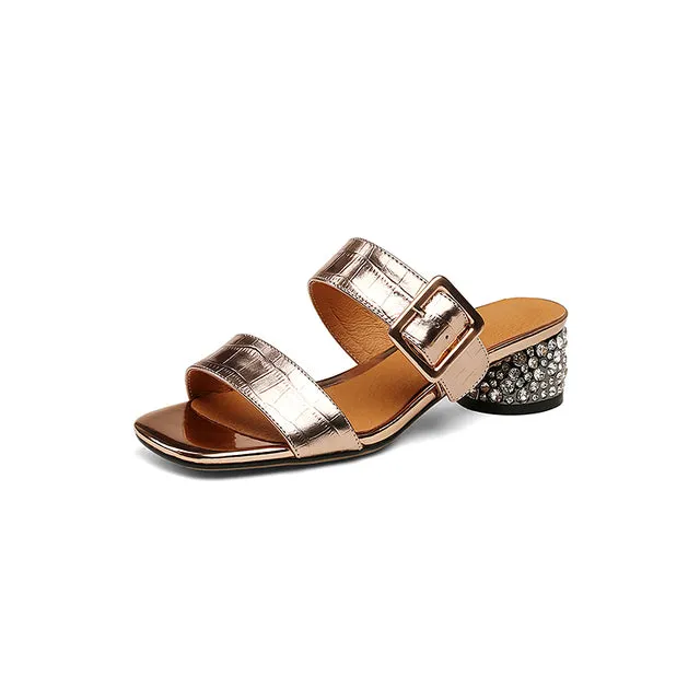Genuine Leather Rhinestone Thick Heels Slipper Woman