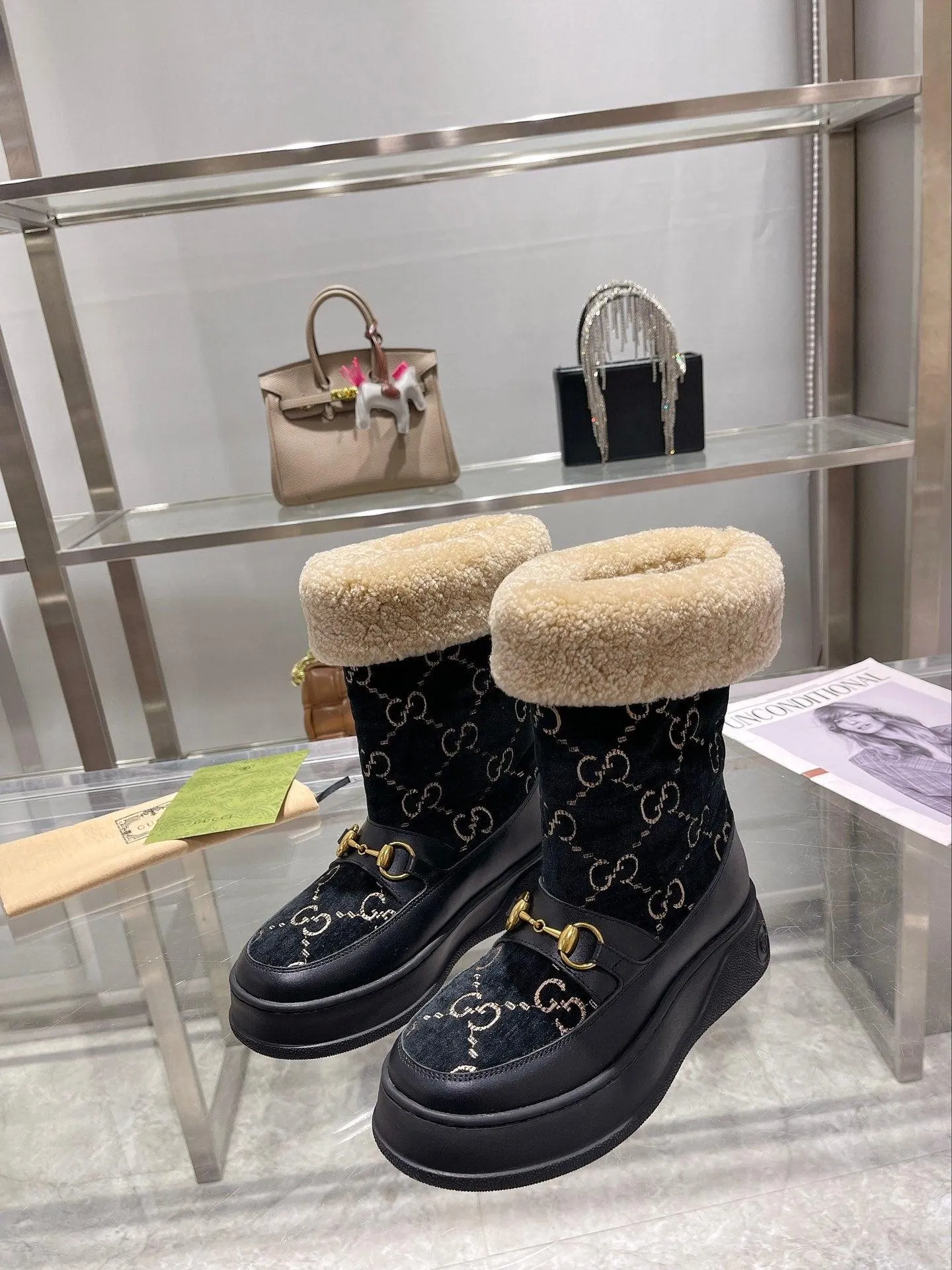 GG 1955 HORSEBIT SNOW BOOTS VELVET FABRIC BLACK