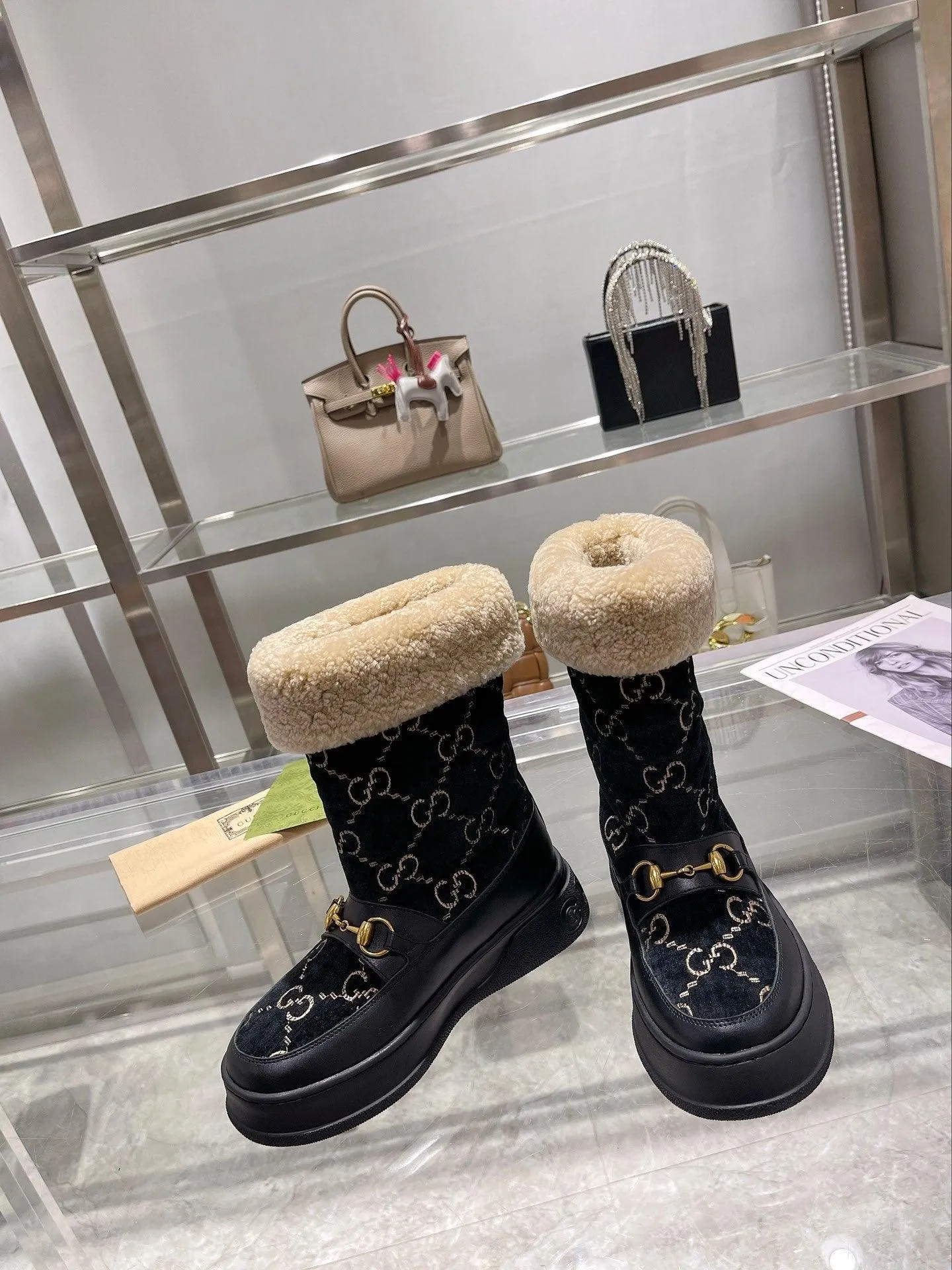 GG 1955 HORSEBIT SNOW BOOTS VELVET FABRIC BLACK