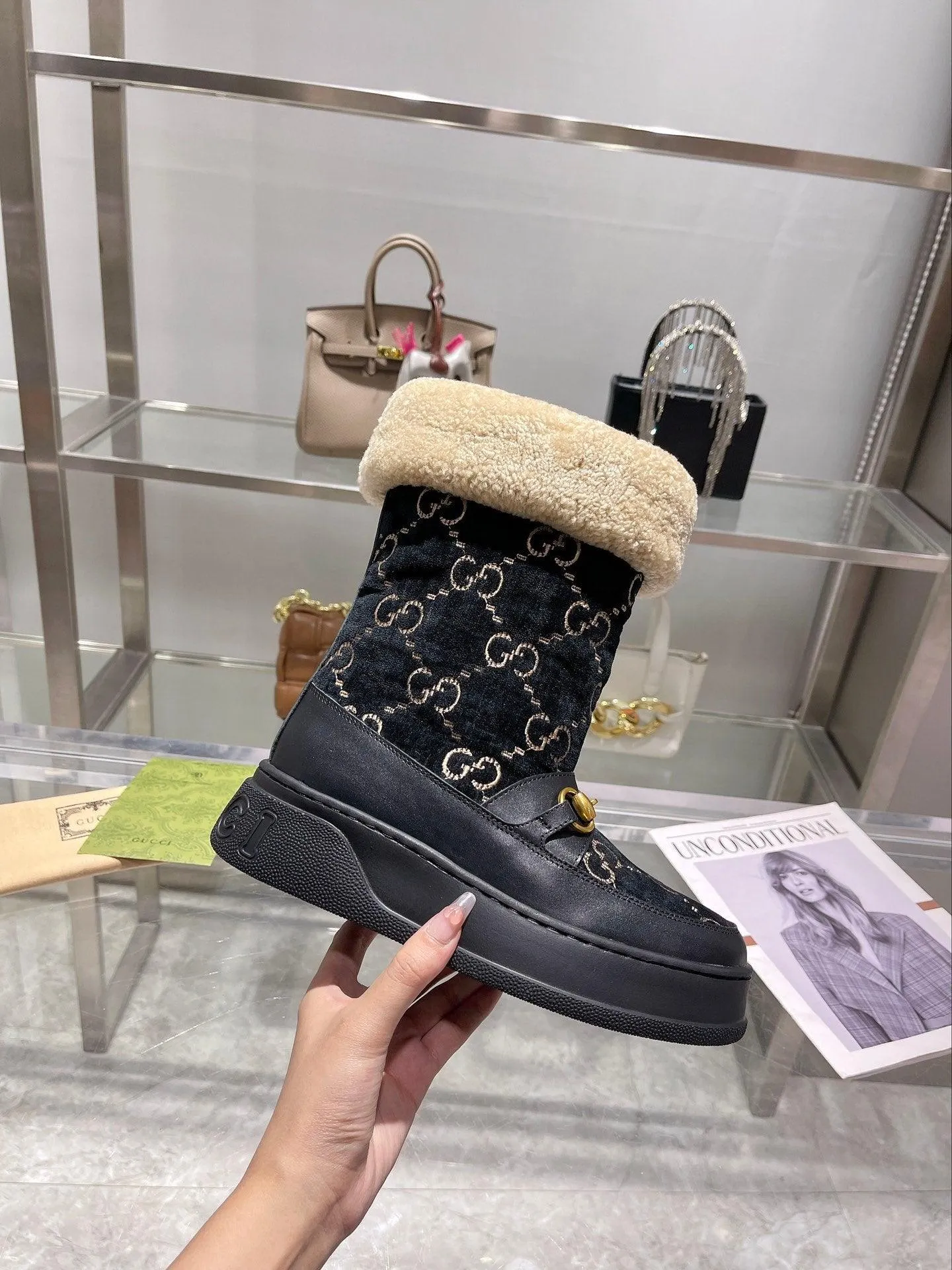 GG 1955 HORSEBIT SNOW BOOTS VELVET FABRIC BLACK