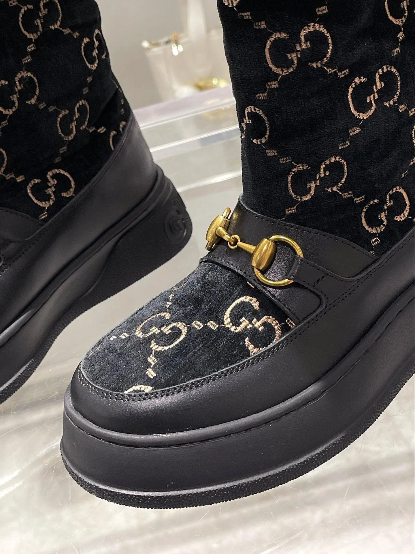 GG 1955 HORSEBIT SNOW BOOTS VELVET FABRIC BLACK
