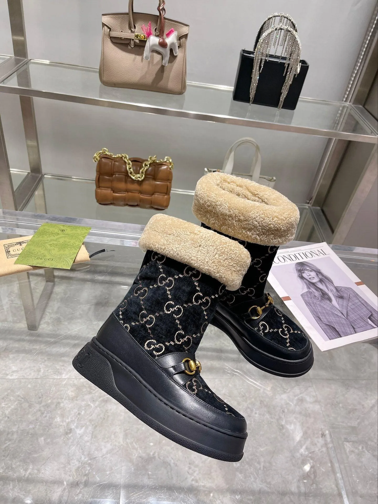 GG 1955 HORSEBIT SNOW BOOTS VELVET FABRIC BLACK