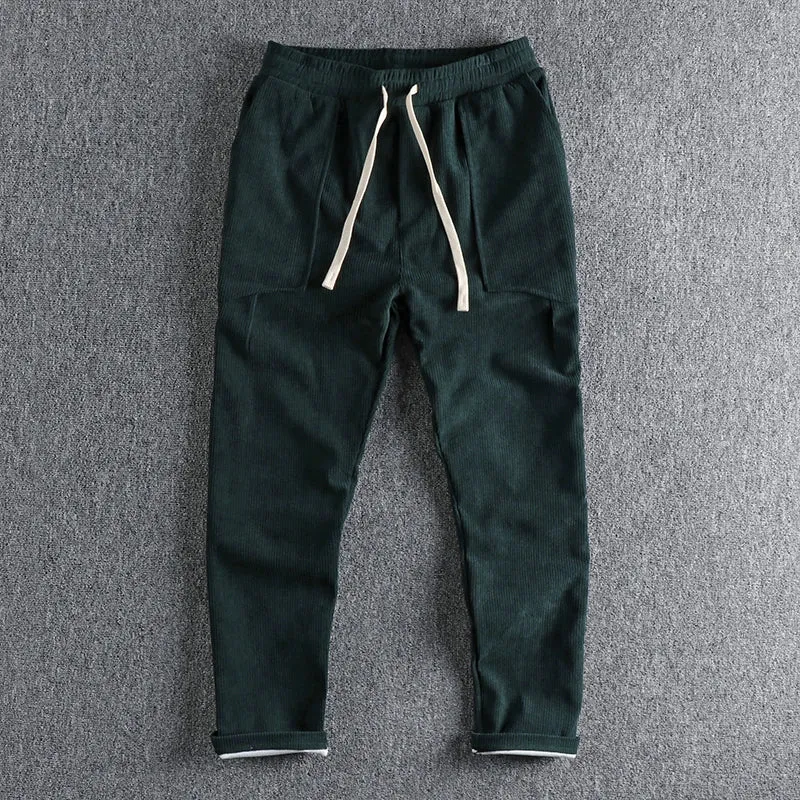 Heavyweight Corduroy Cargo Pants - Men's Fashion Washed Loose Drawstring Sport Casual Trousers