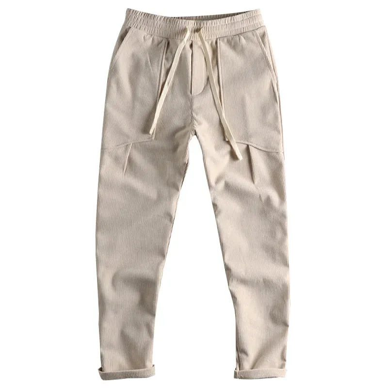 Heavyweight Corduroy Cargo Pants - Men's Fashion Washed Loose Drawstring Sport Casual Trousers