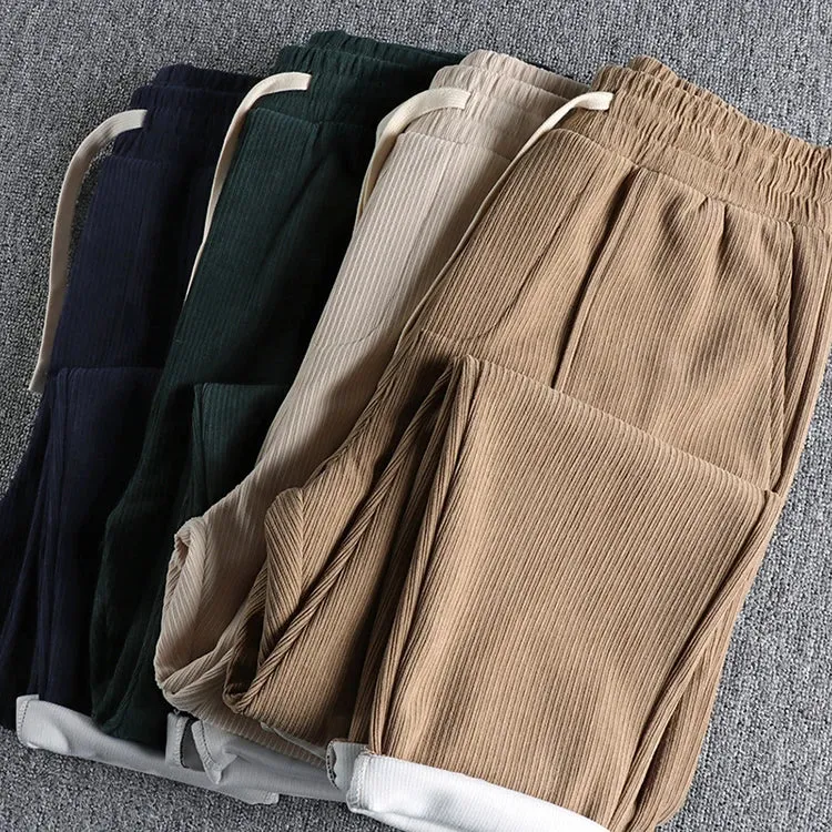 Heavyweight Corduroy Cargo Pants - Men's Fashion Washed Loose Drawstring Sport Casual Trousers