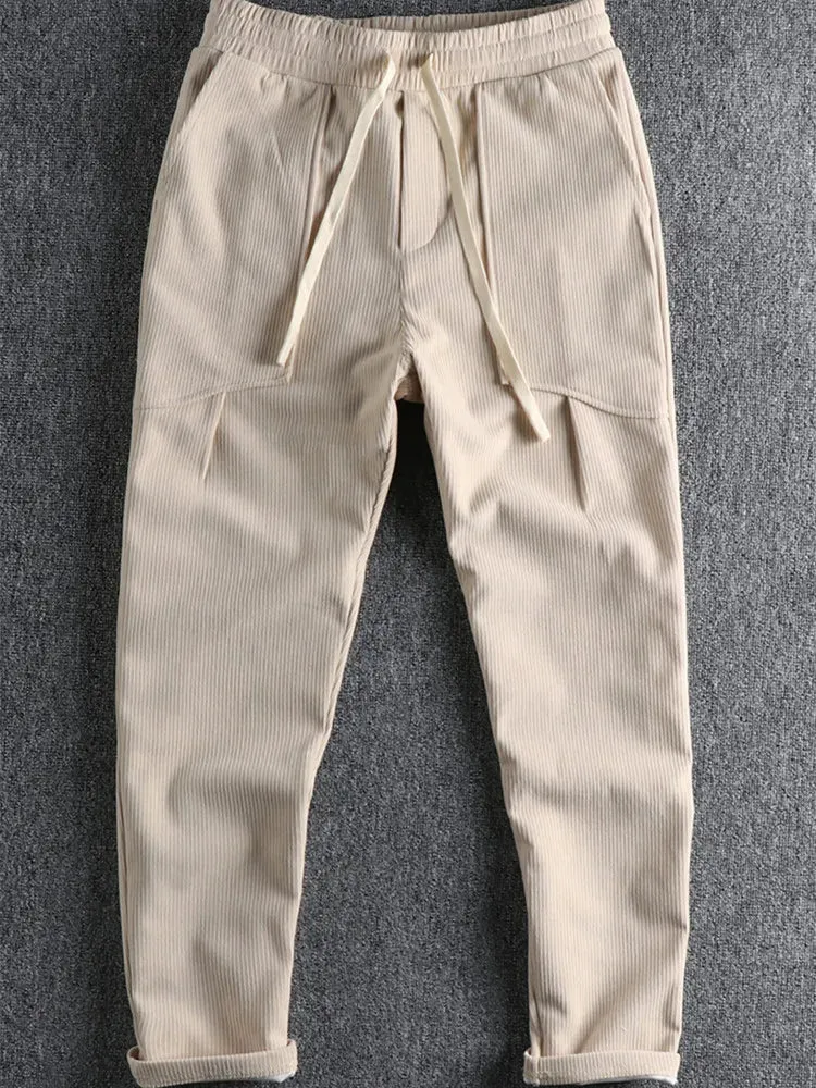 Heavyweight Corduroy Cargo Pants - Men's Fashion Washed Loose Drawstring Sport Casual Trousers