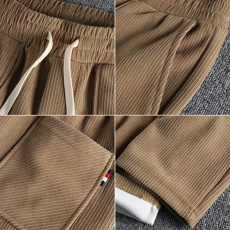 Heavyweight Corduroy Cargo Pants - Men's Fashion Washed Loose Drawstring Sport Casual Trousers