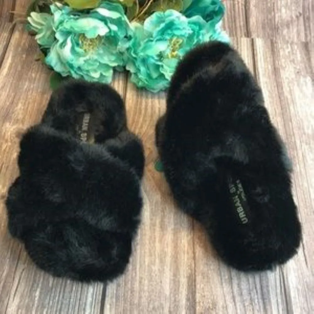 J/SLIDES CHARLI BLACK FAUX FUR SLIDE SANDALS 6M