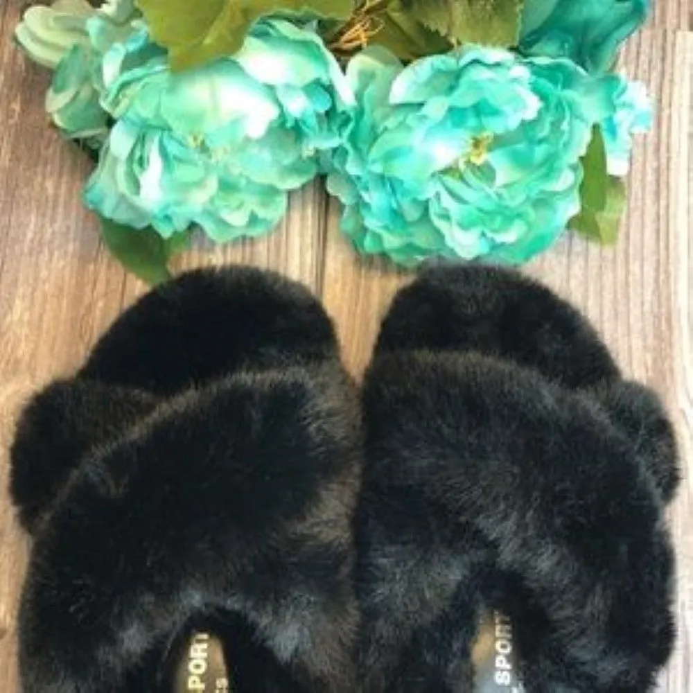 J/SLIDES CHARLI BLACK FAUX FUR SLIDE SANDALS 6M