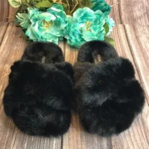 J/SLIDES CHARLI BLACK FAUX FUR SLIDE SANDALS 6M