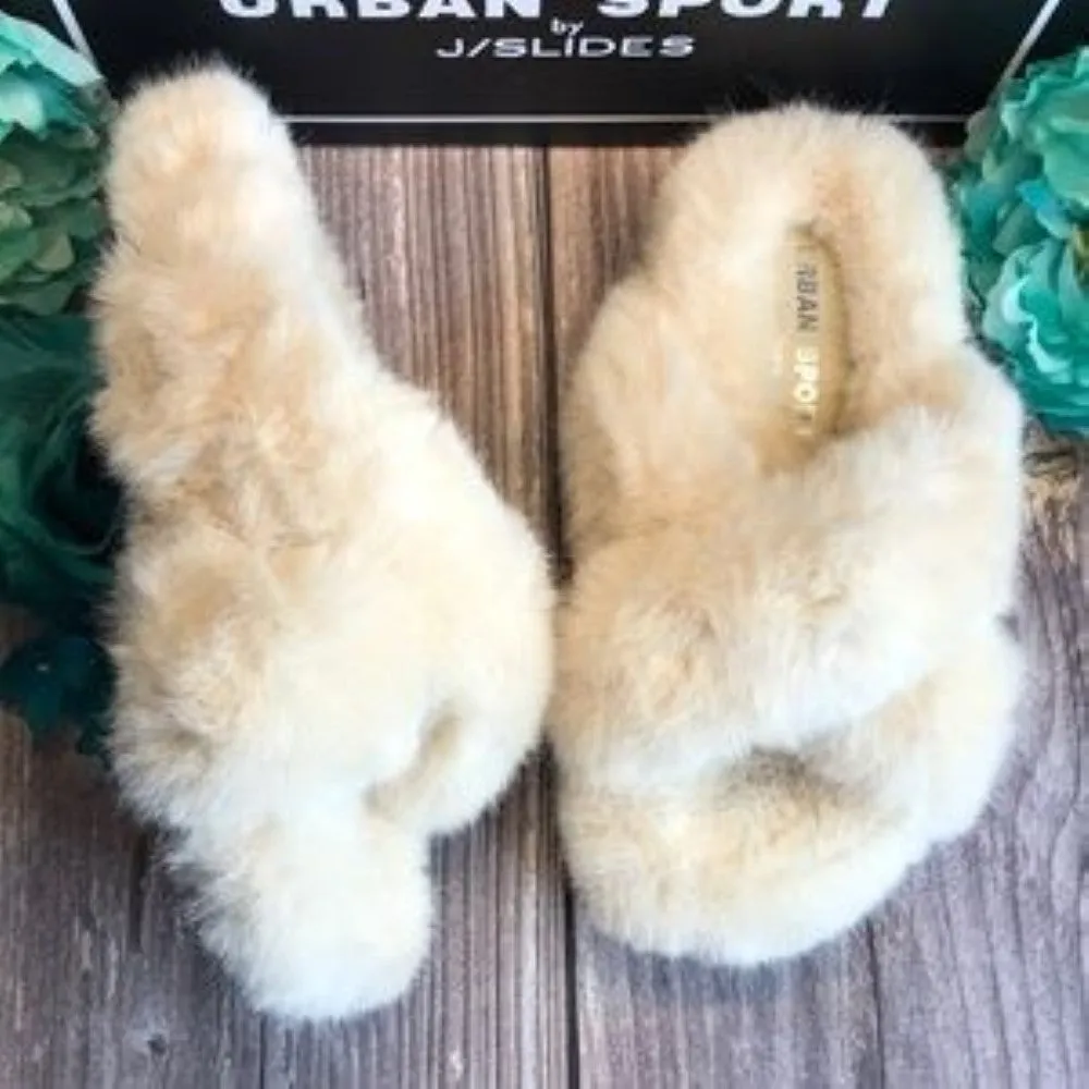 J/SLIDES CHARLI OFF WHITE FAUX FUR SLIDE SANDALS 6M
