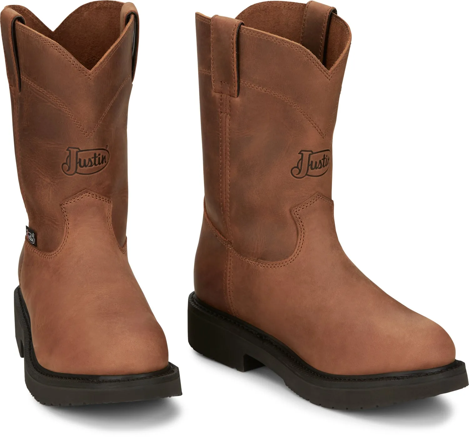 Justin Mens Round-Up Aged Bark Brown Leather Work Boots 9 D
