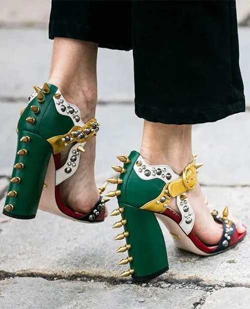 Leather Rivets Design Chunky High Heel Sandals Women Open Toe Dress Buckle Sandals Lady Patchwork Shoes Spring Fashion