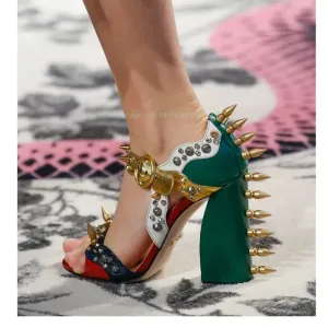Leather Rivets Design Chunky High Heel Sandals Women Open Toe Dress Buckle Sandals Lady Patchwork Shoes Spring Fashion