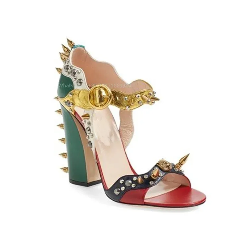 Leather Rivets Design Chunky High Heel Sandals Women Open Toe Dress Buckle Sandals Lady Patchwork Shoes Spring Fashion