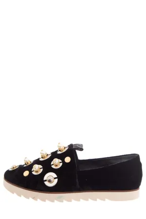 Mercedes Castillo Black Velvet & Pearl Detail Slip On Sneakers SZ 39