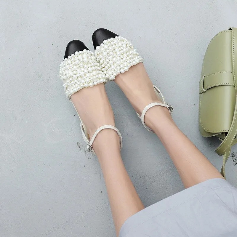 new arrival genuine leather women sandals round toe pearl summer shoes buckle sweet high quality party shoes