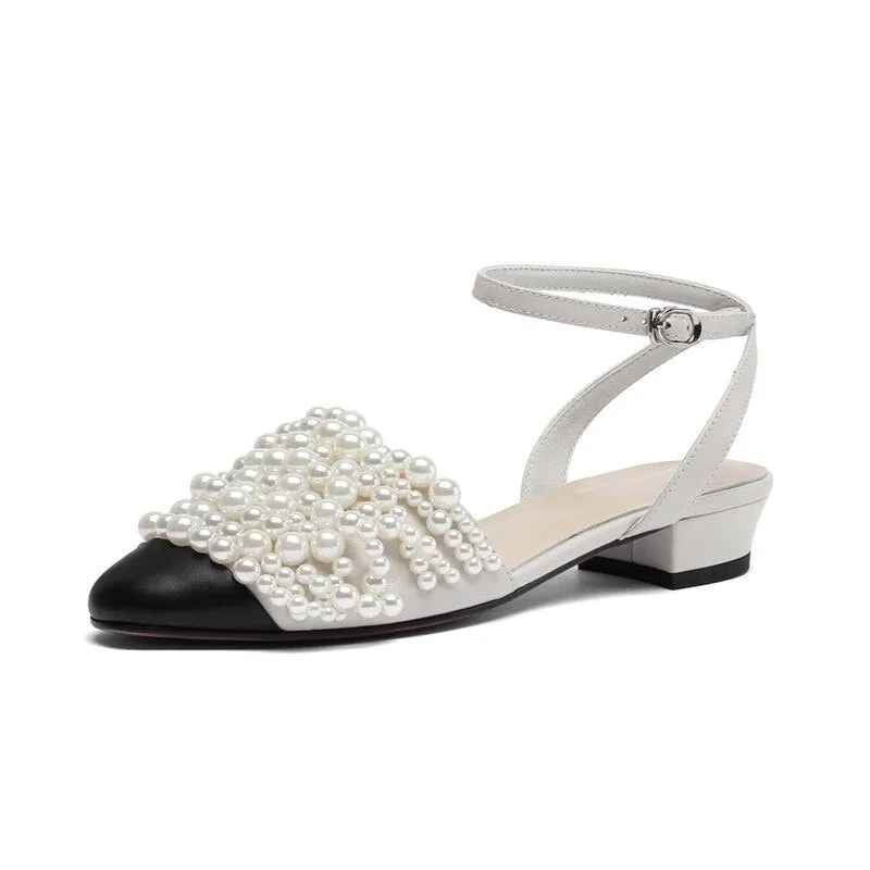 new arrival genuine leather women sandals round toe pearl summer shoes buckle sweet high quality party shoes